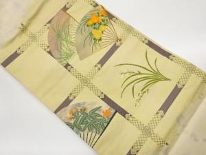 格天井に扇・花葉模様織出し名古屋帯